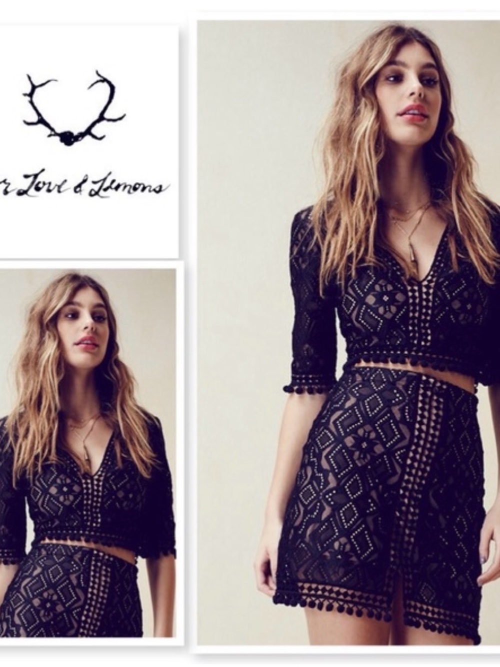 For Love & Lemons Black Lace Florence Two-Piece Set